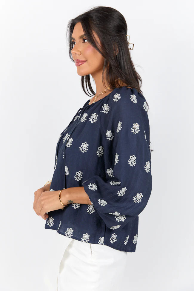 Come Along Navy Embroidered Woven Pop Over Blouse