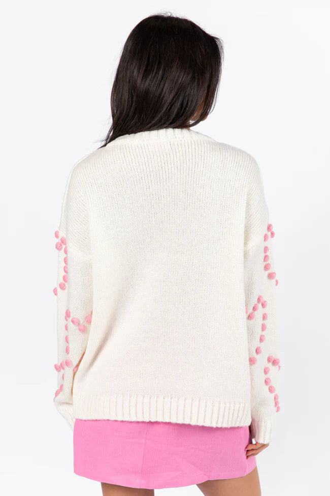 Adore You Ivory and Pink Oversized Heart Pom Sweater FINAL SALE