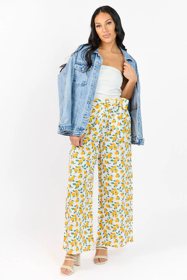 Main Squeeze Ivory Lemon Print Belted Wide Leg Pants