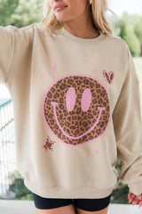 Leopard Smiley Face Cream Oversized Graphic Sweatshirt