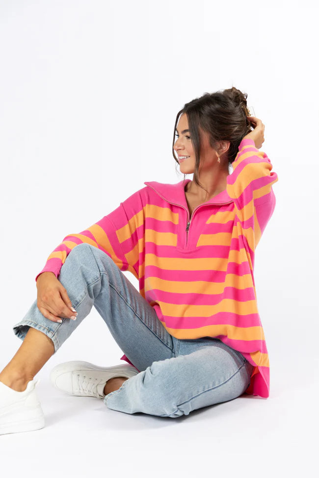 Pulling Heartstrings Pink And Orange Striped Quarter Zip Pullover SALE