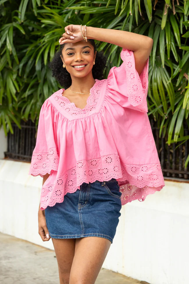 No Regrets Pink Eyelet Detail Popover Short Sleeve Blouse