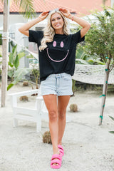 Drawn Smiley Black Oversized Graphic Tee