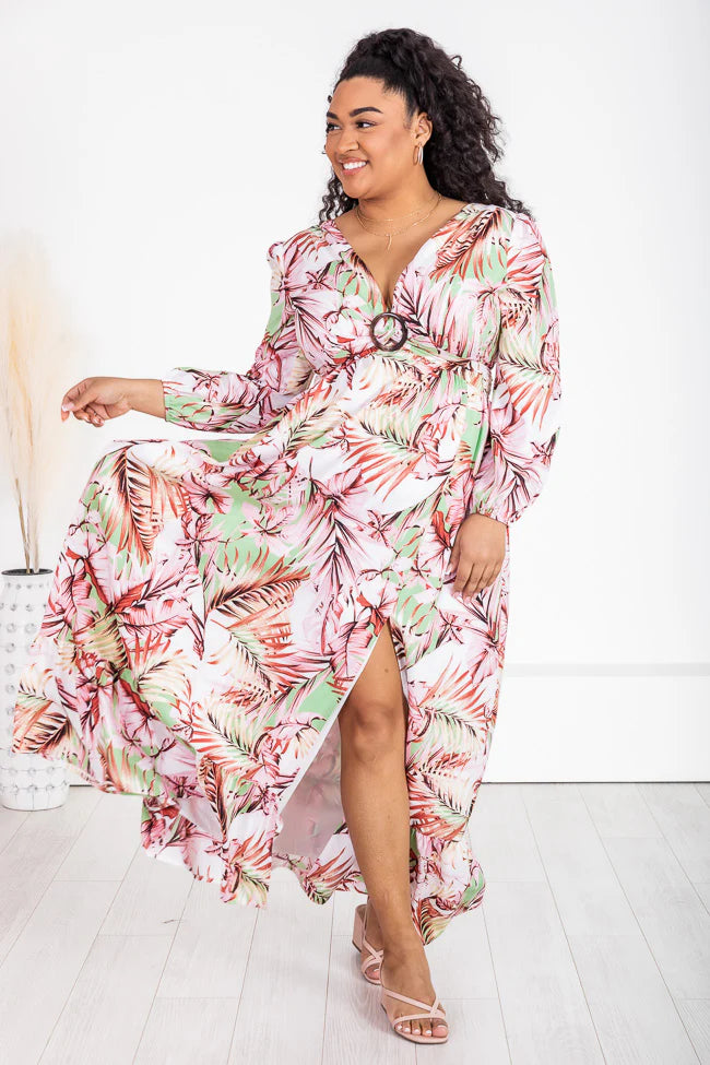 Where I Want To Be Pink and Green Tropical Printed Long Sleeve Maxi Dress FINAL SALE