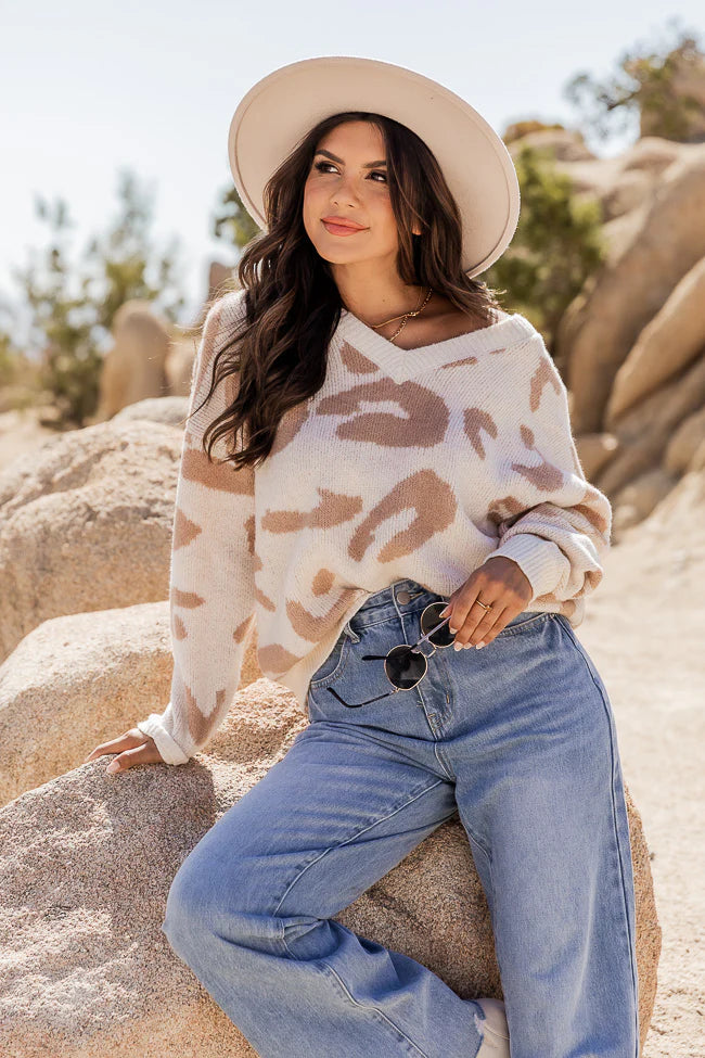 Wild Expectations Taupe And Ivory Leopard Print Sweater FINAL SALE