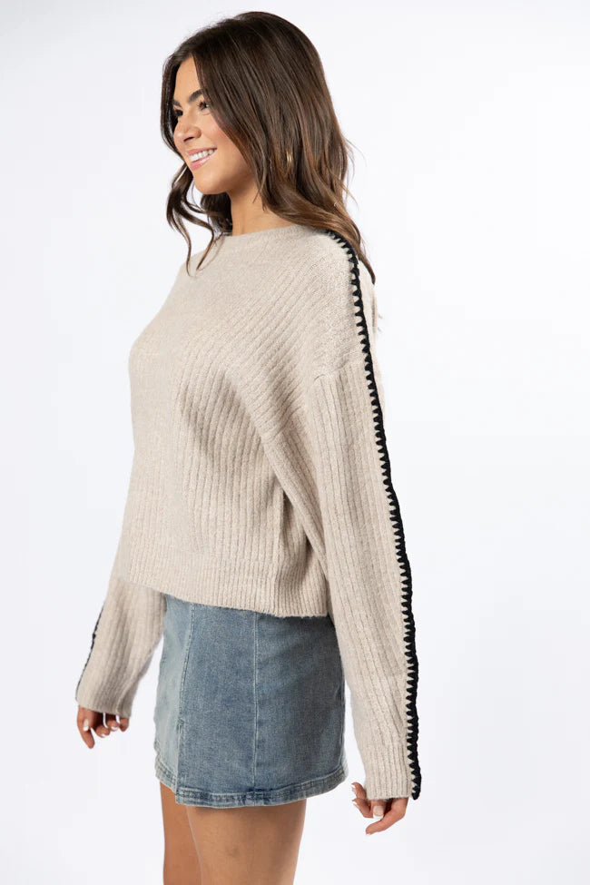 In and Out Taupe and Black Contrast Stitch Sweater