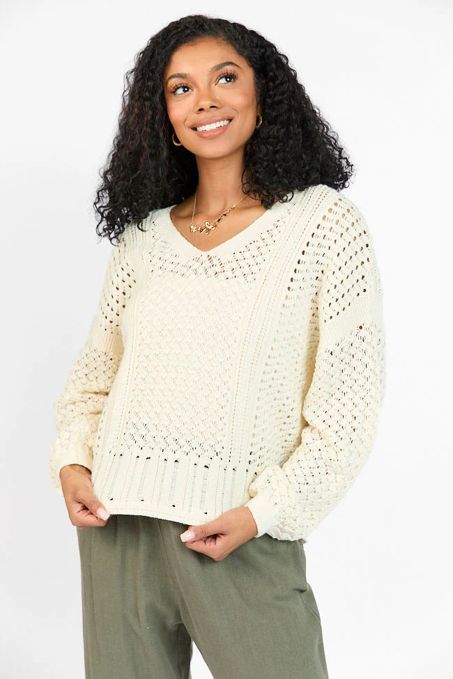 Morning Markets Cream Open Knit V-Neck Sweater