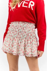 Cross My Path Ivory and Red Drop Smocked Waist Mini Skort FINAL SALE