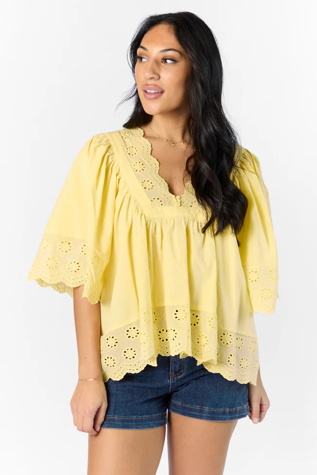 No Regrets Yellow Eyelet Detail Popover Short Sleeve Blouse