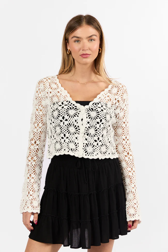 Unbeatable Memories Long Sleeve Ivory Crochet Cardigan