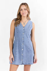 Strike A Chord Light Wash Denim Button Front Dress