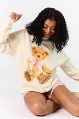 Vintage Teddy Bear Gingham Bow Cream Oversized Graphic Sweatshirt