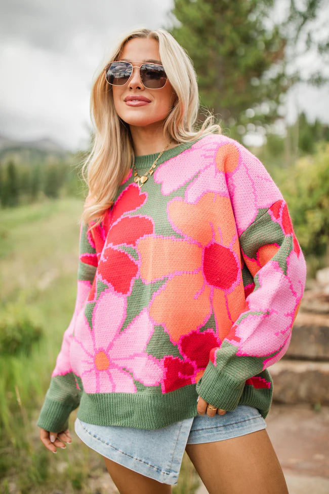 Lively Love Olive Multi Oversized Floral Print Sweater