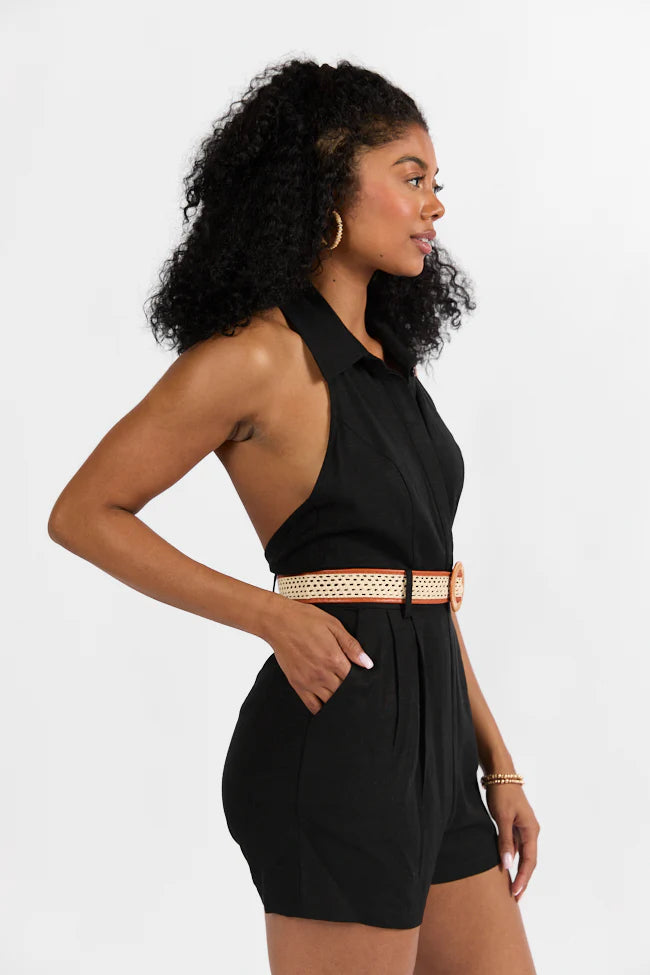 Five Star Black Collared Romper With Belt Detail