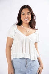 What I Thought Ivory V-Neck Waffle Knit Short Sleeve Top