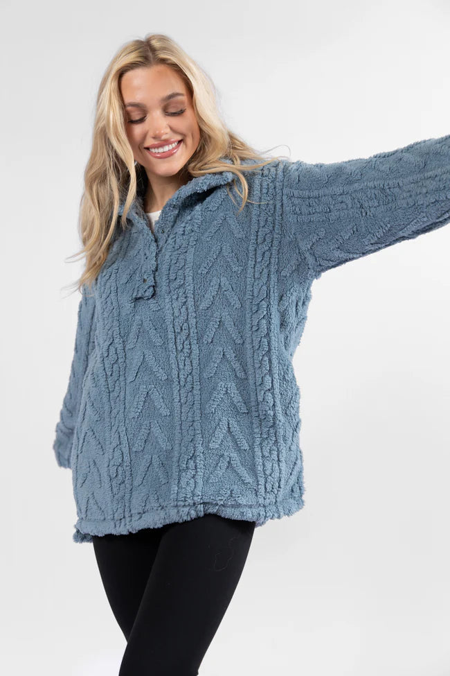 Take The Leap Blue Cable Detail Sherpa Pullover SALE