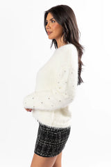 All That Glitters Rhinestone Sleeve Ivory Fuzzy Sweater FINAL SALE