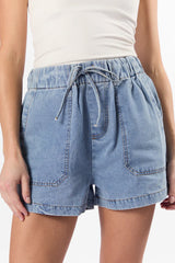 Reach For Me Medium Wash Pull On Chambray Shorts