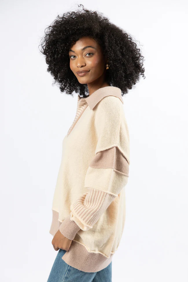 Think About It Cream and Mauve Collared Oversized Sweater