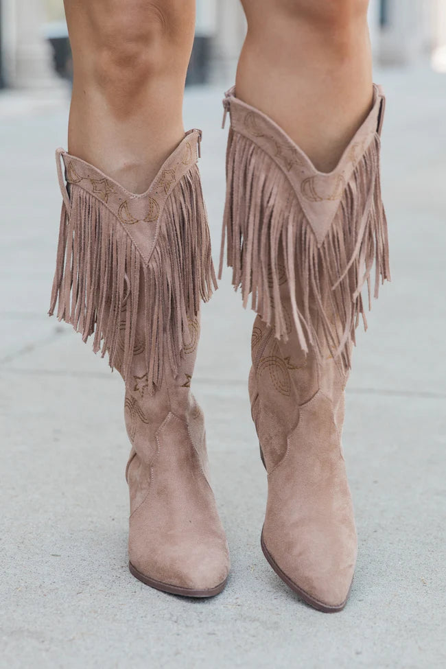 Fancy Suede Warm Taupe Fringe and Stars Boots