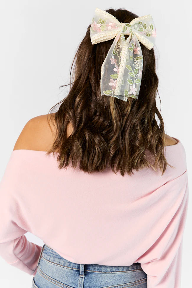 Pink Floral Embroidered Bow