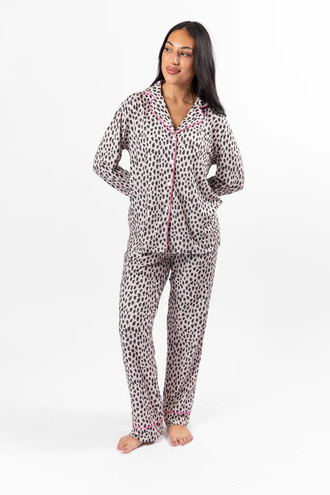 On A Cloud In Spotted Black and Tan Plush Knit Pajama Set