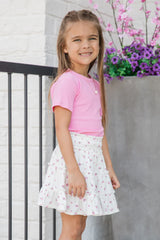 Kid's Through The Garden Ivory and Pink Ribbed Floral Mini Skort FINAL SALE