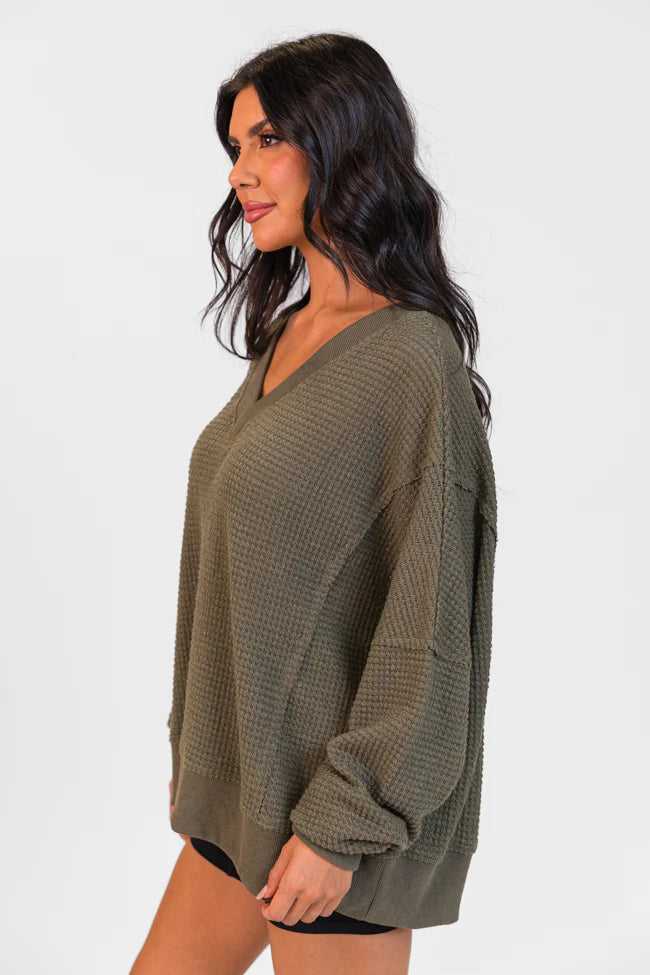 Perfect Score Olive Oversized Waffle V-Neck Top