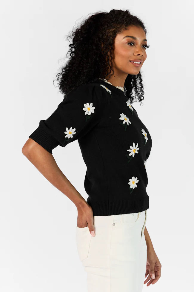 Around The Garden Black Floral Embroidered Lace Trim Short Sleeve Sweater