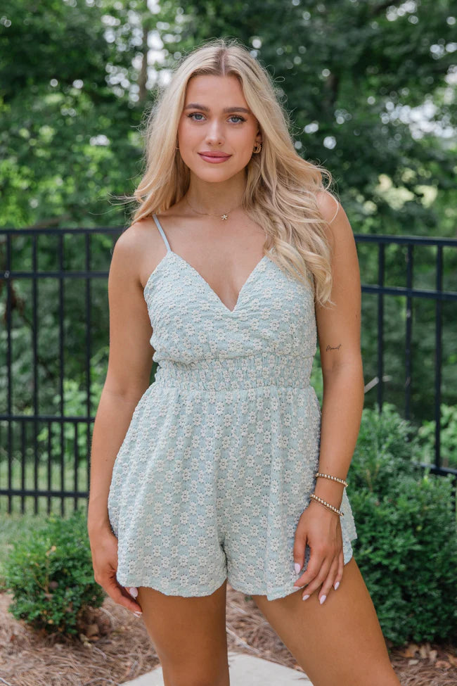 As You Please Light Blue Lace Overlay Tank Romper FINAL SALE