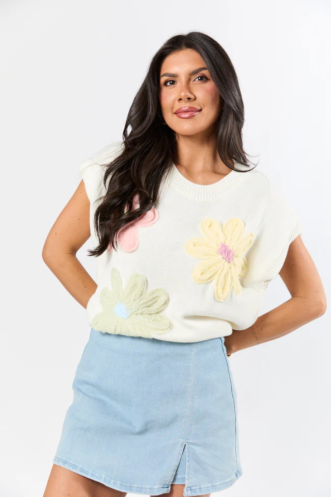 Blooming Joy Ivory Multi Flower Embroidered Short Sleeve Sweater