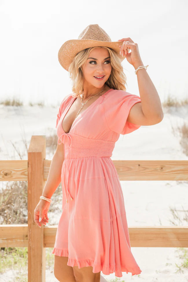 Urban Cowgirl Coral V-Neck Smocked Dress SALE