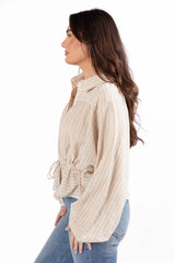 My Hands Are Tied Taupe Striped Drawstring Button Down Blouse