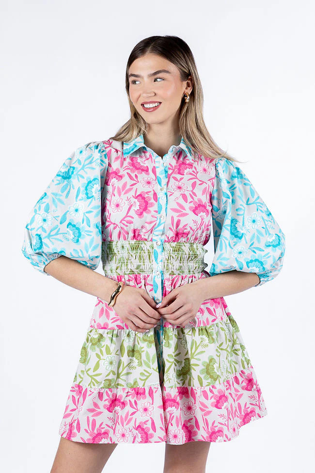 Fresh Blooms Multi Colorblock Floral Mini Dress