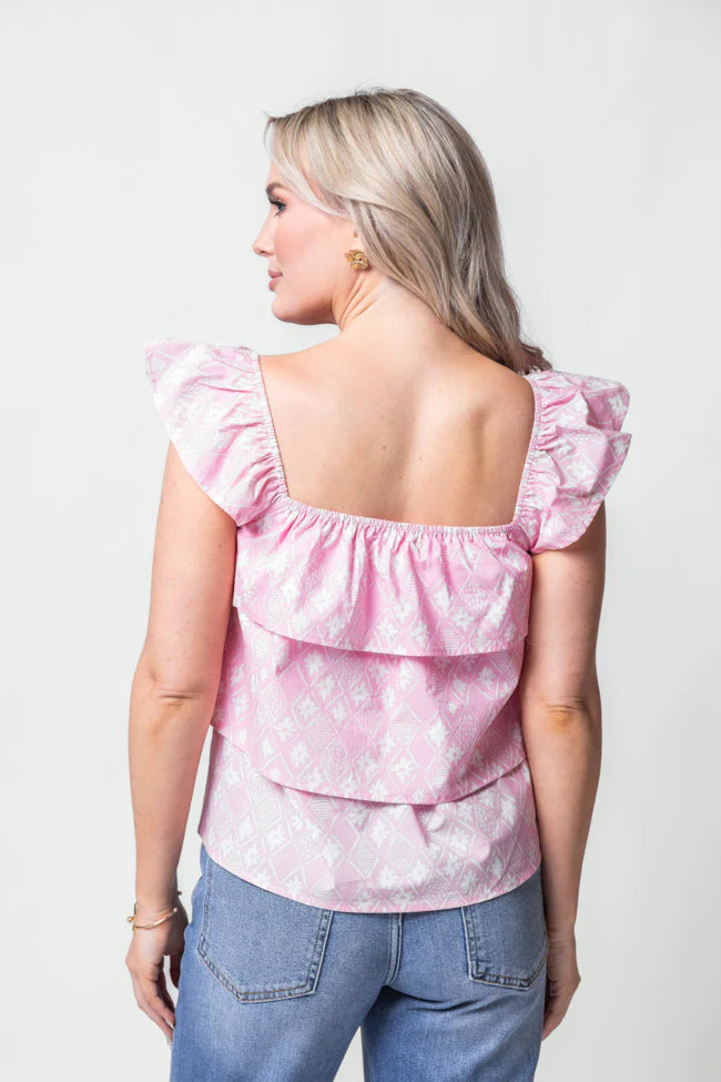 Wonderful Wildflowers Pink Print Button Front Tiered Tank