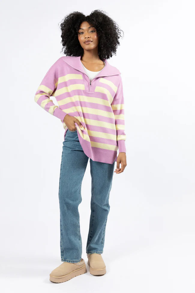 Pulling Heartstrings Purple And Yellow Striped Quarter Zip Pullover SALE