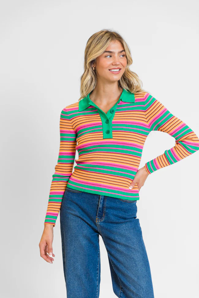 Wish I Knew Multi Striped Long Sleeve Polo Sweater