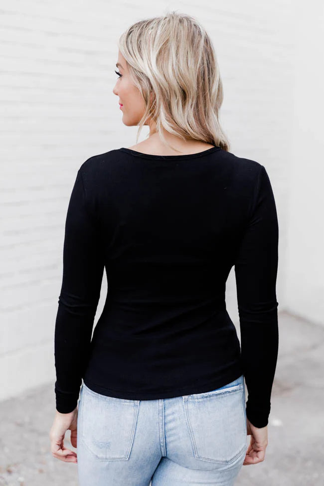 All The Better Black Ribbed Knit Henley Long Sleeve Tee