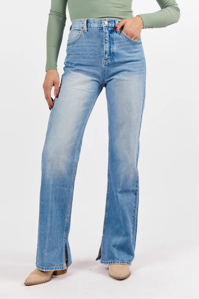 Emily Light Wash 90's Flare Split Hem Wide Leg Jeans