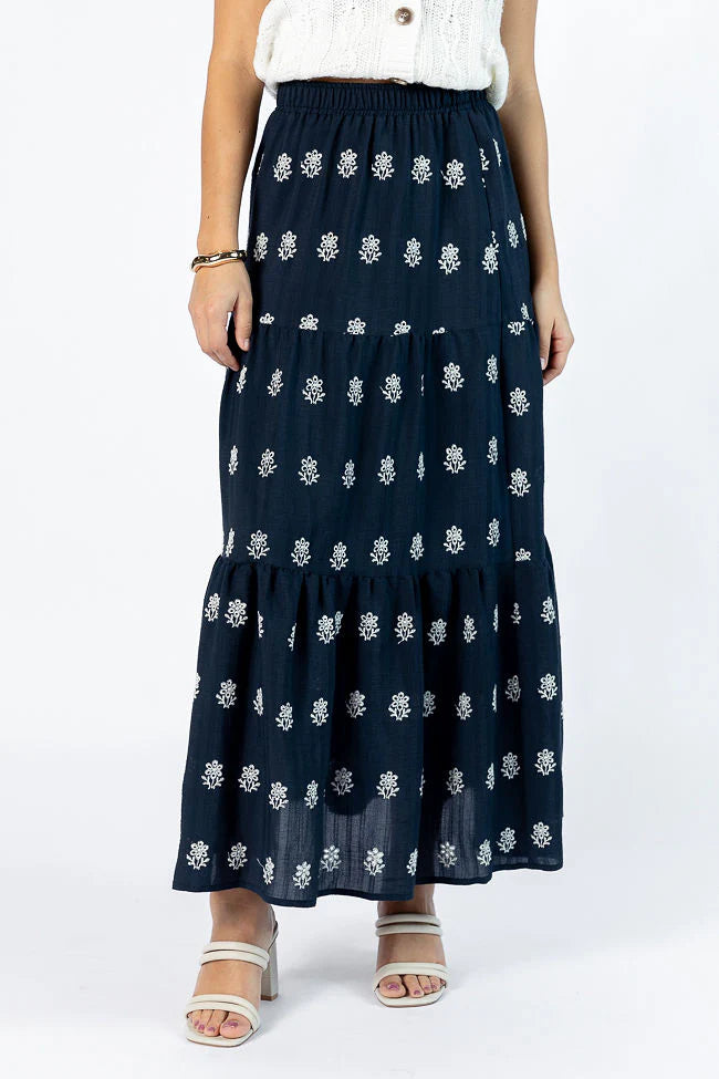 No Place Like This Navy Embroidered Maxi Skirt