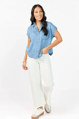 More Than Ever Short Sleeve Chambray Button Down Top