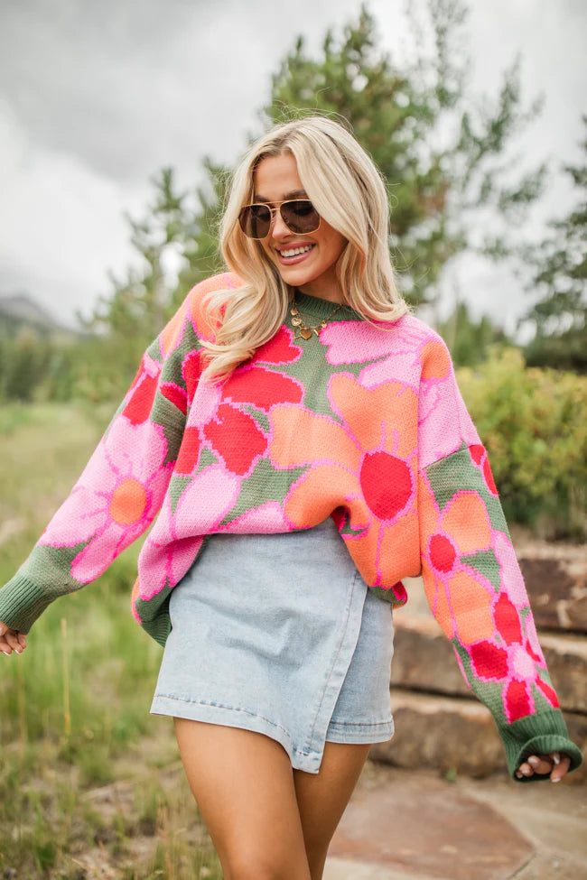 Lively Love Olive Multi Oversized Floral Print Sweater