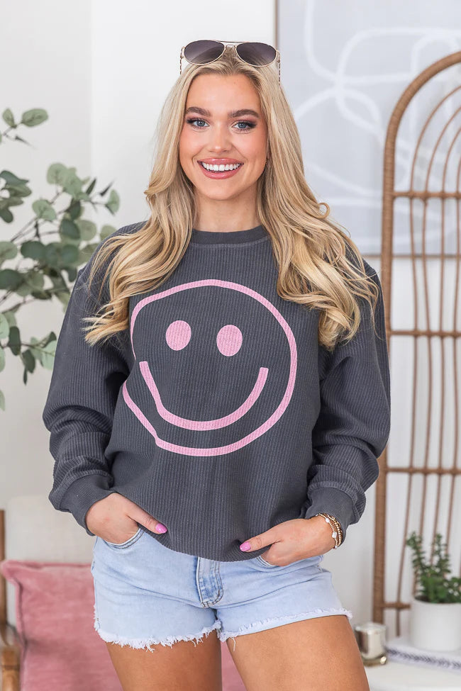 Pink Smiley Charcoal Corded Graphic Sweatshirt