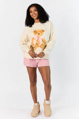 Vintage Teddy Bear Gingham Bow Cream Oversized Graphic Sweatshirt