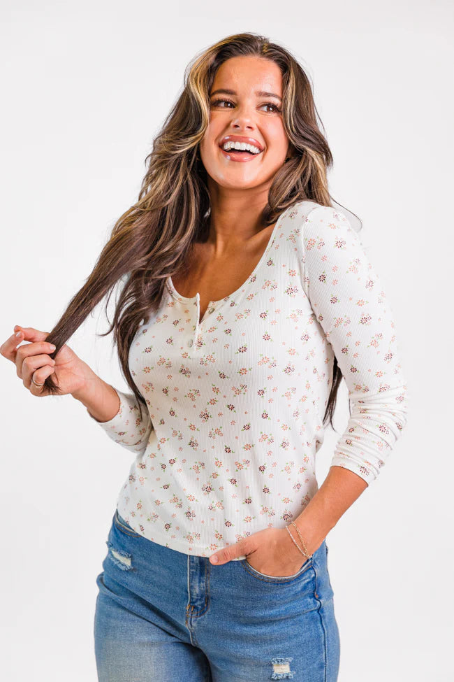 Best In Bloom Ivory Ribbed Floral Henley Top SALE