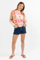 Gracious Gardens Coral Multi Block Floral Sweater