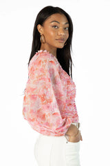 Show Me The Way Pink Multi Ruched Balloon Sleeve Floral Bodysuit