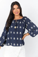 Come Along Navy Embroidered Woven Pop Over Blouse