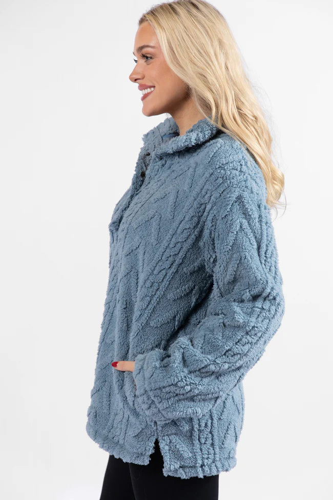 Take The Leap Blue Cable Detail Sherpa Pullover SALE