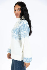 For The Best Ivory and Blue Ski Print Fair Isle Turtleneck Sweater SALE